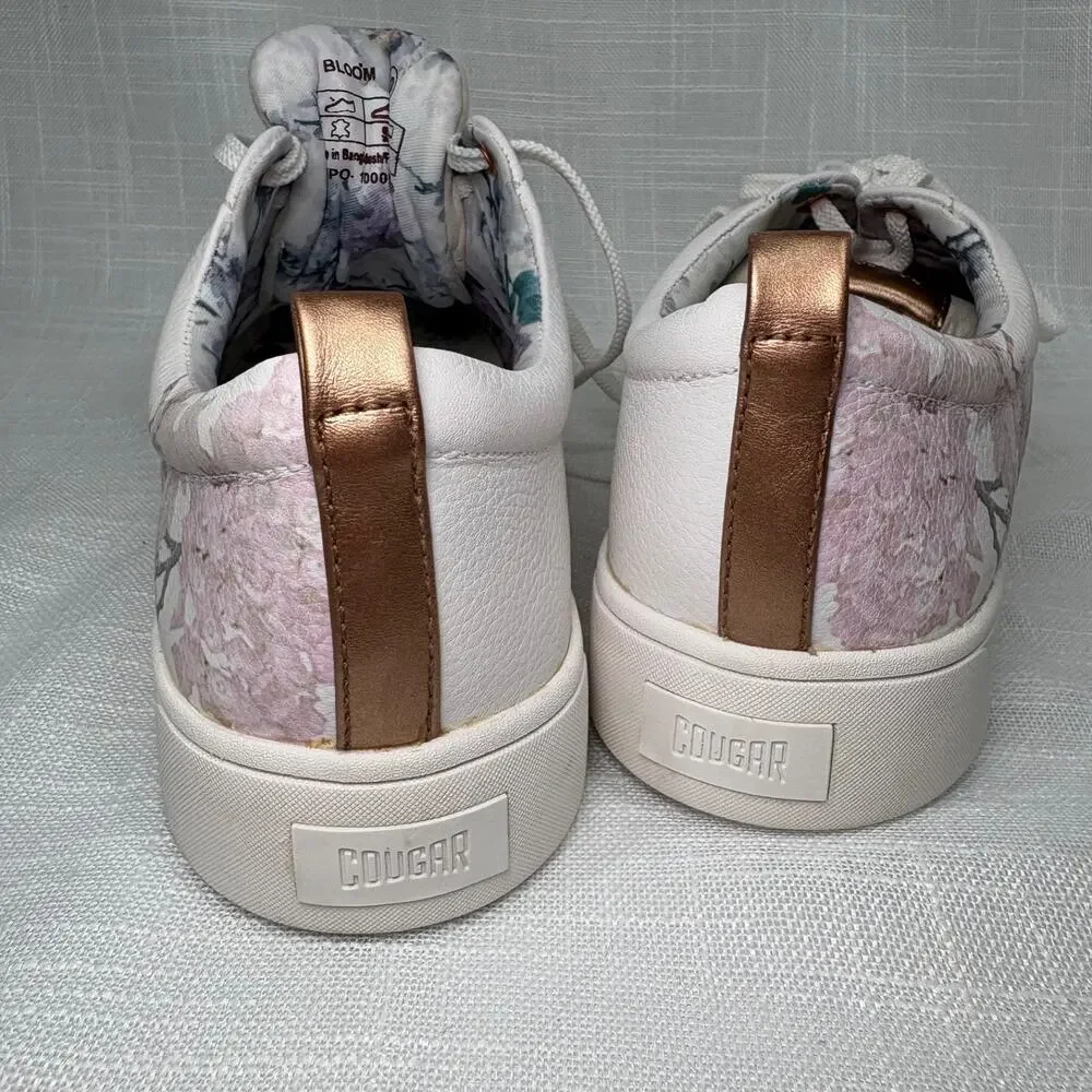 COUGAR BLOOM Leather Tennis Shoe Sneakers Sz 10 Floral Cherry Blossoms White